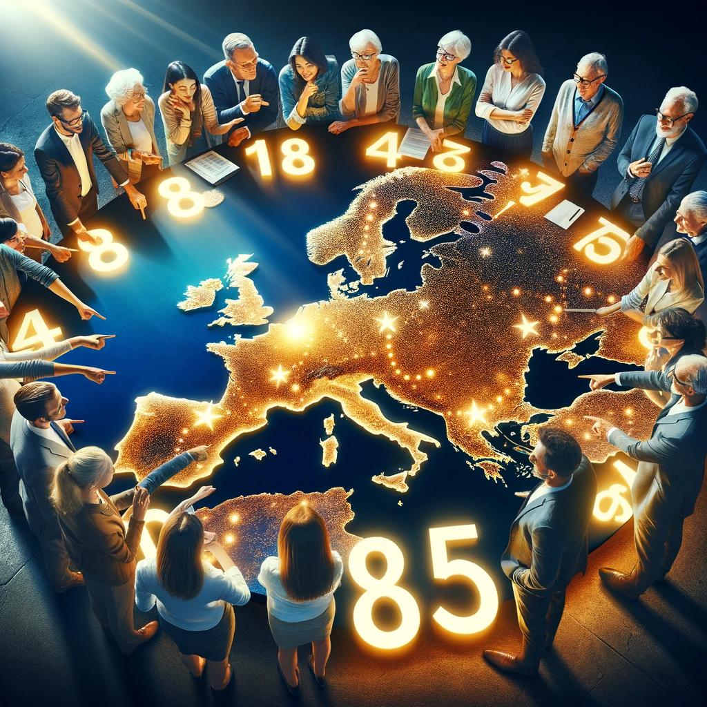 DALL%C2%B7E 2023 12 18 17.15.48 An image depicting a diverse group of business owners of various ages from young adults to seniors gathered around a large glowing map of Europe. T