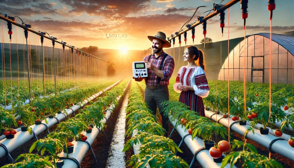 A thriving Romanian farm at sunrise, showcasing a happy legumicultor inspecting a modern irrigation system amidst lush, colorful tomato plants. The farmer, Ion Popescu, is dressed in traditional, yet practical clothing, embodying the modern-meets-traditional essence of today's agriculture. Beside him, Maria Ionescu, a young and enthusiastic farmer, is carefully planting high-quality seeds under the watchful eye of monitoring equipment. The background features neatly arranged rows of tomato plants, extending towards distant greenhouses and a well-maintained water conservation structure. The atmosphere is one of optimism and progress, symbolizing the successful impact of the 1,500 Euro subsidy under the Programul Tomata, promoting sustainable agricultural practices and technological advancements.